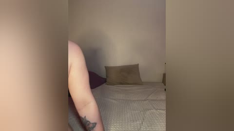 Video of a dimly lit, sparsely furnished bedroom with beige walls and a bed covered with a textured, beige quilt. A person's hand with a tattoo on the wrist is partially visible on the left.