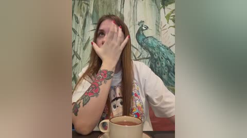 Video of a young woman with long brown hair, wearing a colorful graphic tee, holding a cup, with a vibrant peacock mural as the background.