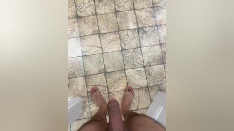 A video showing a man's legs with red-painted toenails, and an erect penis in a bathroom with a tiled floor featuring a woodgrain pattern.