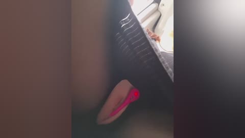 Video of a person wearing a black shirt and pink underwear, partially visible, in a dark, narrow space.