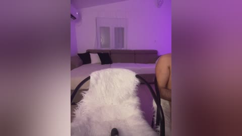 Video of a dimly lit, modern living room with a beige sectional sofa, a fluffy white rug, and a plush brown chair, illuminated by purple and white light from the ceiling.