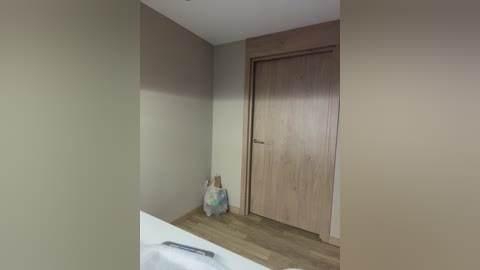 Video of a minimalist hallway with beige walls, a wooden door, and a plastic shopping bag filled with items on the floor. The floor is light wood.