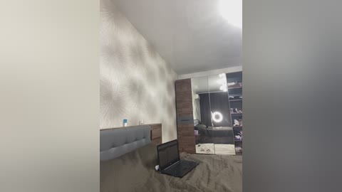 Video of a modern, minimalist bedroom with a beige carpet, a grey upholstered headboard, a wooden nightstand, a mirror, and a dark brown leather couch.