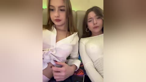 A video of two young women in white tops, sitting close together on a train, both looking slightly bored and off to the side.