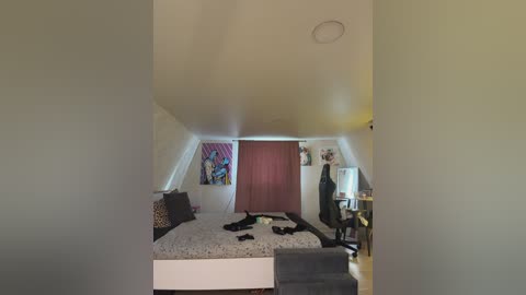 Video of a cluttered, dimly lit attic bedroom with a low sloped ceiling, featuring a bed with a leopard-print pillow, a desk, a chair, and a large window.