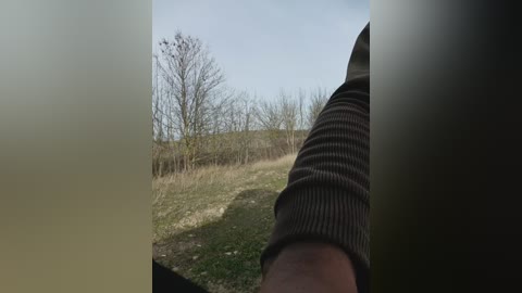 A video captures a close-up of a person's arm and hand holding a camera, with a blurred, outdoor landscape of a grassy hillside and leafless trees under a cloudy sky.