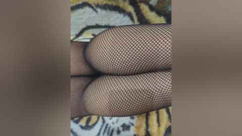 A video of a woman's legs in black fishnet stockings, reclining on a tiger-print blanket. The image is cropped to focus on the lower half of the body, emphasizing the texture of the fishnet and the bold pattern of the blanket.