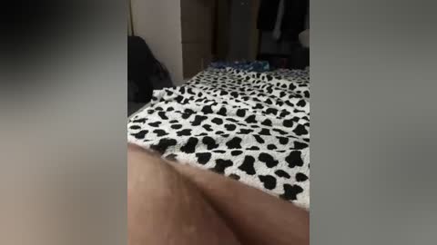 Video of a person lying on a bed covered with a leopard-print blanket, showing their exposed pubic region. The background features a dark room with indistinct objects and dim lighting.