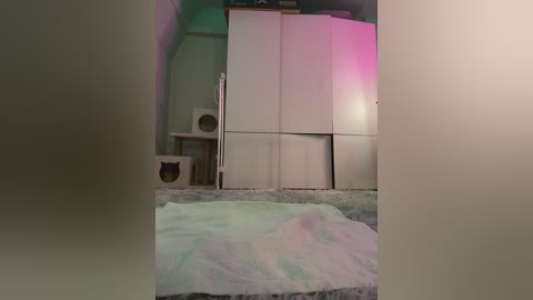 A video of a dimly lit room featuring a white, fluffy cat bed, a beige cat tower with two elevated platforms, and a white armoire with soft pink lighting.