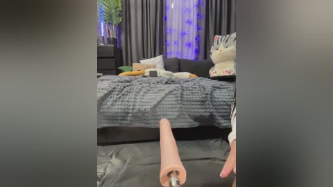 Video of a messy, dimly-lit bedroom with a gray blanket, plush toys, and a large pink dildo visible.