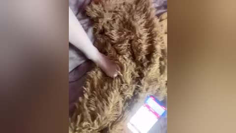 Video of a person with fair skin, wearing a white shirt, laying on a bed with a brown, shaggy blanket, holding a smartphone displaying a pink screen, capturing a cozy, casual indoor scene.