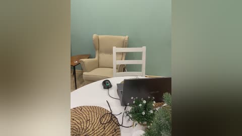 Video of a cozy, minimalist room with beige armchair, white table, and a small Christmas tree, green walls, and a rustic wicker placemat.