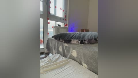 A video of a cluttered, minimalist bedroom with a grey bed, white sheets, and a grey pillow. A white radiator is against the window with red heart stickers.
