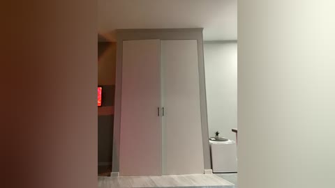 A video of a minimalist, modern bathroom featuring a white wall-mounted cabinet with a mirror door, a white toilet, and a wooden floor. The room is lit by soft, ambient light, creating a serene and clean atmosphere.