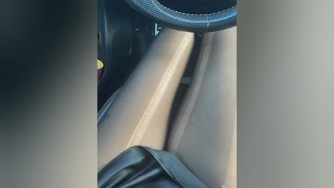Video of a car interior, focusing on the driver's seat and steering wheel. The seat is upholstered in light brown leather, with a black leather armrest. The steering wheel has a textured grip and a dark gray plastic cover.