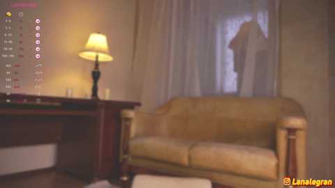 A video captures a dimly lit room with a beige sofa, a wooden side table with a lamp, and a large window covered by sheer curtains. The image has a yellowish tint and a watermark in the bottom right corner.