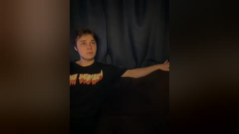 Video of a young man with short brown hair, wearing a black Metallica t-shirt, standing behind a dark curtain, looking slightly to the right.