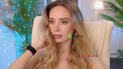 Video of a fair-skinned woman with long, wavy blonde hair, wearing a black wristwatch, sitting in a beige chair in a softly lit room with green plants and a white lamp in the background.