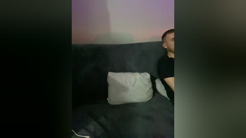 Video of a young man with a shaved head, wearing a black t-shirt, sitting on a dark couch with a white pillow, against a purple sunset wall, dim lighting.