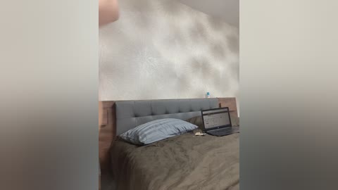 A video of a minimalist bedroom with a gray upholstered headboard, a laptop, and a blue pillow on a bed covered with a brown blanket. The wall behind the bed is textured with a light beige paint.