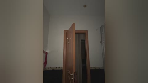 A video of a narrow, dimly lit hallway with a wooden door partially open, revealing a dark room beyond. The walls are cream-colored with a dark border, and a red towel hangs on a hook to the left.