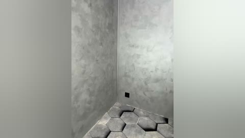 Video of a minimalist, geometrically patterned room corner with light gray walls and a hexagonal-patterned gray rug. The corner features a subtle, textured wall finish and a single black electrical outlet.