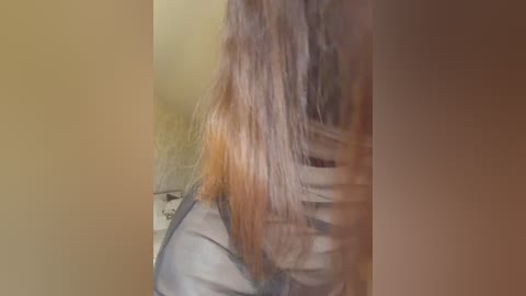 A video of a person with long, straight brown hair, wearing a light gray shirt, partially obscured by a blurry background with muted beige and brown tones.