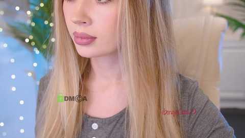 Video of a fair-skinned young woman with long, straight blonde hair, wearing a grey top, standing indoors near a lit Christmas tree.