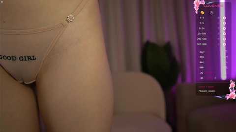 Video of a close-up of a woman's buttocks in beige underwear with \"GOOD GIRL\" written on it. Background features a dimly lit room with purple curtains and a digital screen displaying streaming content.