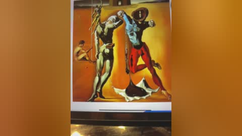 Video of a digital painting showing two muscular men in tight, colorful clothing, one in blue and the other in red, engaged in a dynamic pose. The background is a gradient of warm colors.