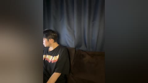 Video of a young Asian man with short black hair, wearing a black t-shirt with a colorful design, seated on a brown couch against a dark blue curtain background.