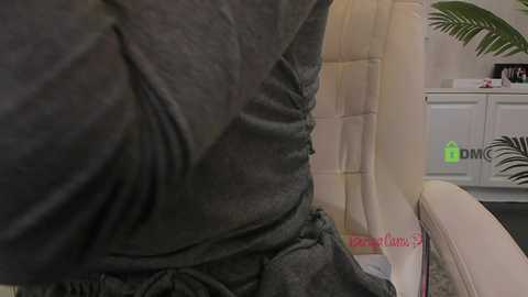 A close-up video of a person wearing a gray, textured sweater, sitting in a beige upholstered chair. Background includes a white cabinet with green \"DMC\" logo and potted plant.