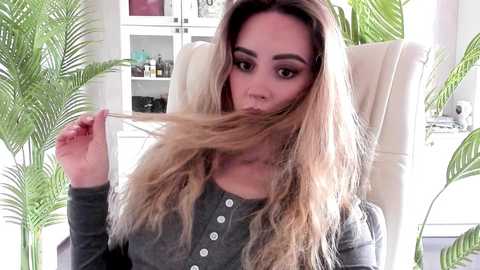 Video of a blonde woman with long, wavy hair partially covering her face, sitting in a white leather chair, wearing a gray long-sleeve top, surrounded by green plants and a white shelf with decorative items in a bright room.