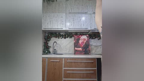 Video of a modern kitchen with white marble backsplash, silver cabinets, and a framed photo of a man and woman, adorned with a garland of Christmas lights.