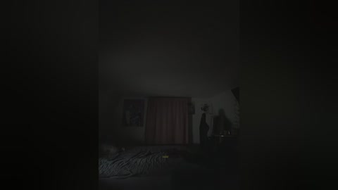 A dimly lit video of a shadowy bedroom with a dark, unmade bed, a closed red curtain, and indistinct figures in the background.