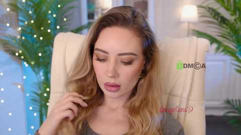 Video of a fair-skinned woman with long, wavy blonde hair, wearing a gray sweater, sitting in a beige chair. Background features green plants and white walls. Text on the image reads \"Dmca\" and \"Beauty Care.\