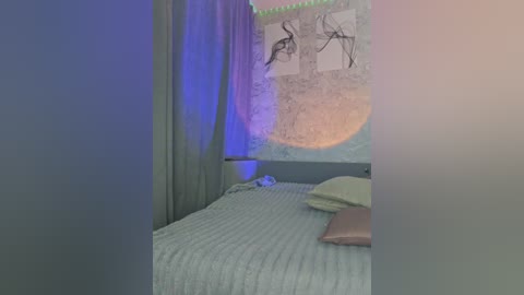 A video of a serene, minimalist bedroom with a light blue bed, a soft pastel bedspread, and a large, abstract, blue-and-white tapestry on the wall. The room is softly lit with a mix of blue and warm ambient light.