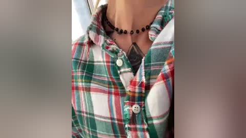 A video of a person wearing a green, white, and red plaid shirt, with a black choker necklace featuring a rectangular pendant. The background is blurred, with a focus on the subject's neckline and upper chest.