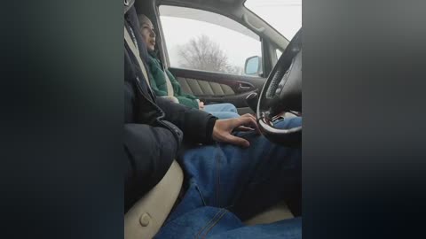 A video of a man in a green sweater, leaning on the dashboard of a car, wearing a blue jacket. The car has beige seats, and the window shows a snowy, treeless landscape.