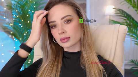 Video of a young woman with fair skin, long blonde hair, and light makeup, wearing a black turtleneck, sitting in a cream chair. Background includes green plants and fairy lights.