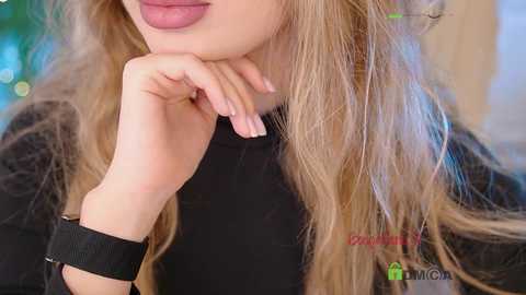 Video of a light-skinned woman with long, wavy blonde hair, wearing a black top and a smartwatch on her wrist. She's resting her chin on her hand, looking introspective. Background is blurred, suggesting an indoor setting.