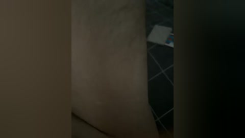 Video of a dimly lit room featuring a close-up of a beige wall with a small crack, a dark tiled floor, and a partially visible white object on the ground.