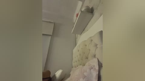 Video of a small, dimly lit bedroom with a beige tufted headboard, a white shelf, and a brown hat on a wooden nightstand. The walls are light gray.