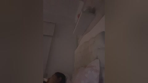 Video of a dimly lit room with a woman lying on a bed. The woman has dark hair and is partially visible, with a white pillow and blanket.