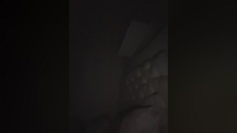 A dimly lit, grainy video of a dark, shadowy figure in a room, partially obscured by a large, out-of-focus object. The figure's identity and features are indistinguishable due to the low lighting and blur.