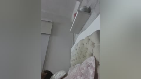 A video of a small, dimly lit room with a beige tufted headboard and white shelves holding a red canister and a white pot. The background includes a white wall and a partially visible person lying on a bed with a pink quilt.
