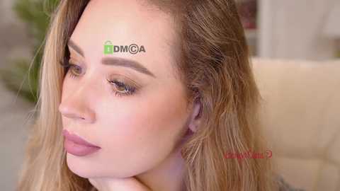 Video of a fair-skinned woman with long blonde hair, wearing subtle makeup and a light pink lipstick, captured in profile against a blurred beige background.