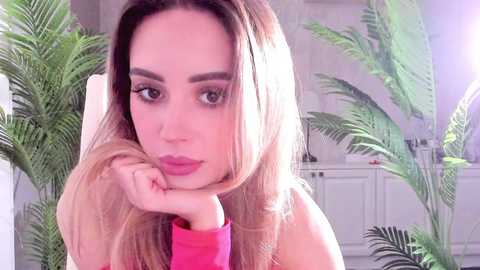 Video of a young woman with long, straight blonde hair, light skin, and full lips, wearing a pink top, leaning on her hand. Background features lush green potted plants and a white wall with a window.