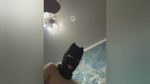 A blurred video shows a person in a black Batman mask, standing in a room with a white ceiling, a light fixture, and a blue-patterned rug.