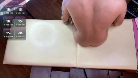 Video of a nude person with light skin tone, from the back, drawing on a white tablet with a pink pen, surrounded by a gaming interface with health, stamina, and score indicators.